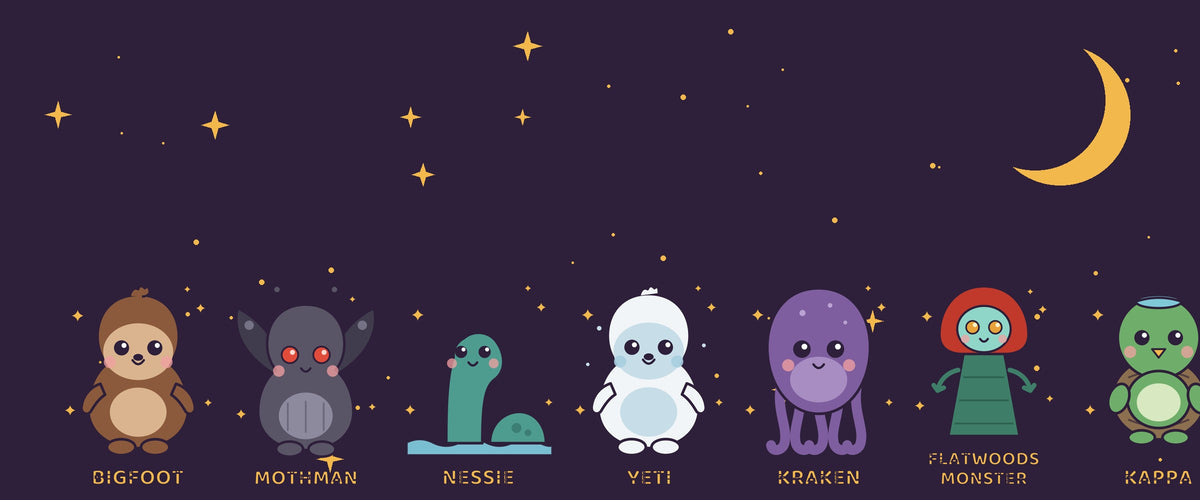 Merry Cryptid character lineup under a moonlit sky